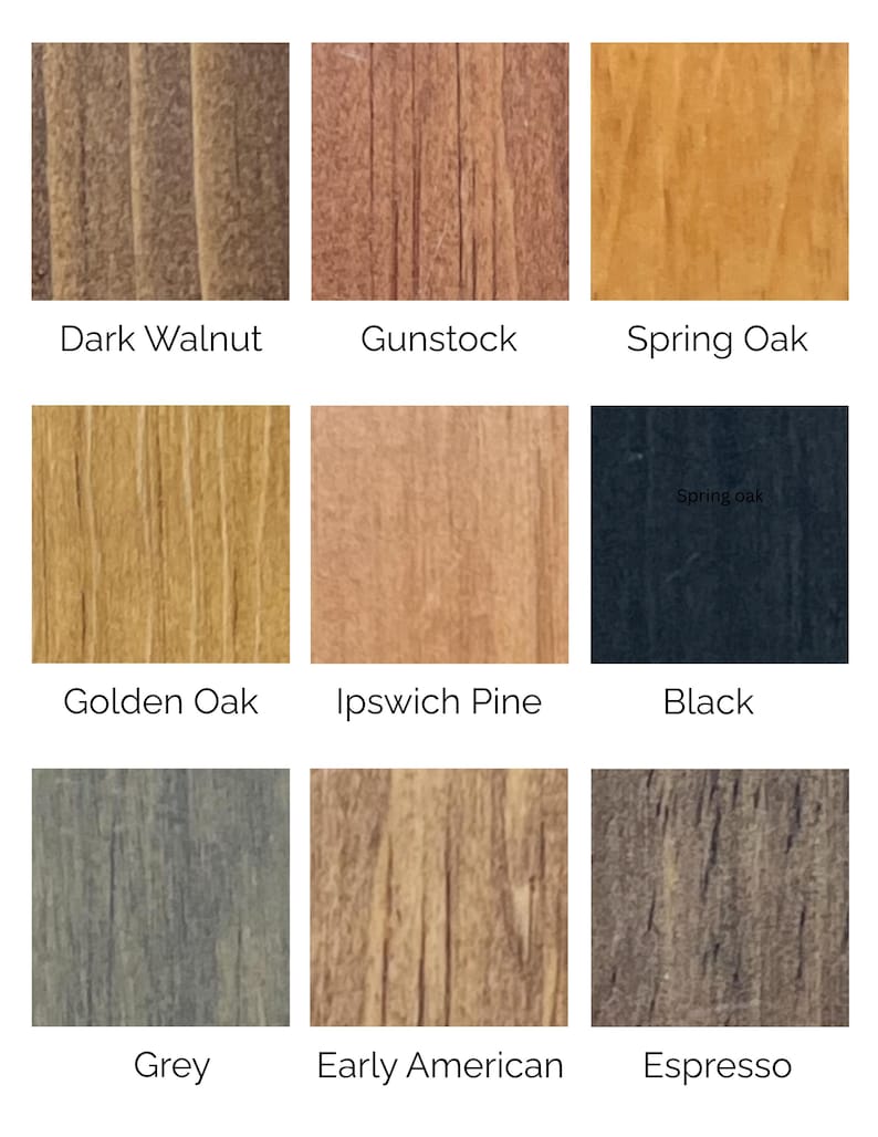May include: Nine wood stain samples in various colors, including Dark Walnut, Gunstock, Spring Oak, Golden Oak, Ipswich Pine, Black, Grey, Early American, and Espresso. Each sample displays the wood grain.