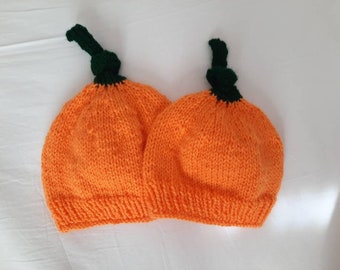 Pumpkin Baby Hat Halloween Autumn Harvest Hand Knitted Soft Seamless Unisex Baby Hat Top Knot Orange & Green 0-3 Months 3-6 Months