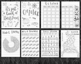 October ANY YEAR (No Color) Spooky Themed Bullet Journal Template PDF