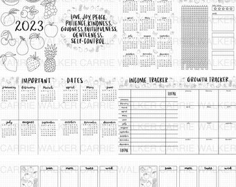 PRINTABLE 2023 Full Year Bullet Journal PDF Download - yearly/monthly bujo spreads, calendar, habit, mood, water, sleep, spending, highlight