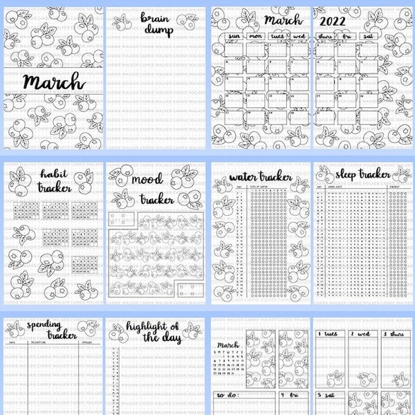 No Color March 2022 Blueberry Themed Bullet Journal Template PDF