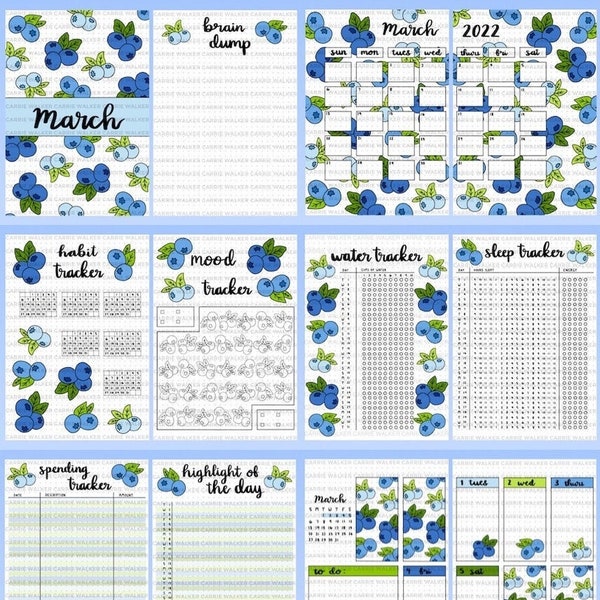 March 2022 Blueberry Themed Bullet Journal Template PDF