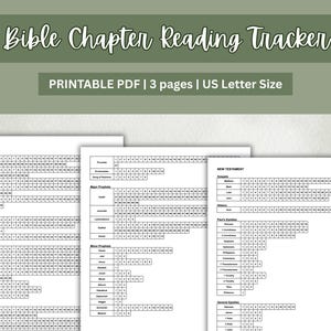 May include: A printable Bible chapter reading tracker with a green header that says "Bible Chapter Reading Tracker". The tracker is a PDF with 3 pages and US Letter size. The pages are white with black text and include Old and New Testament lists.