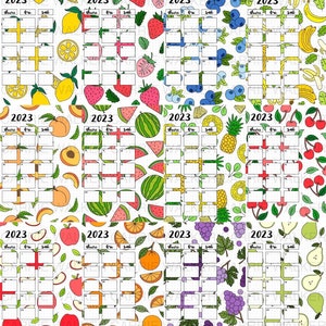 May include: Eight printable calendar pages for the year 2023. Each page features a different fruit pattern: lemons, strawberries, blueberries, bananas, peaches, watermelons, oranges, grapes, and pears.