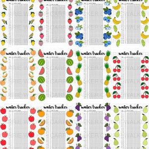 May include: Eight printable water tracker sheets with different fruit illustrations. Each sheet has a grid with 64 circles for tracking daily water intake. The fruits include lemons, strawberries, blueberries, peaches, watermelon, pineapples, cherries, apples, oranges, grapes, and pears.