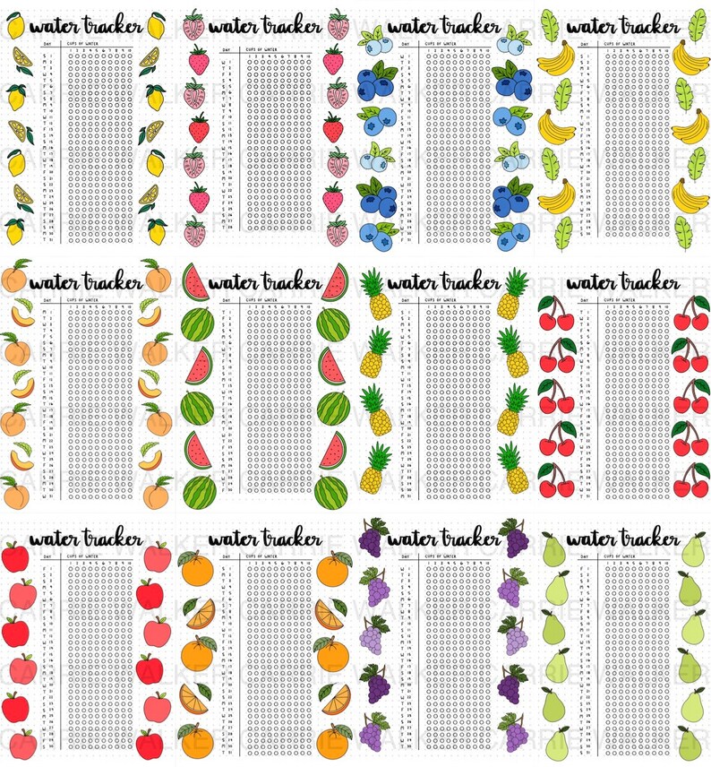May include: Eight printable water tracker sheets with different fruit illustrations. Each sheet has a grid with 64 circles for tracking daily water intake. The fruits include lemons, strawberries, blueberries, peaches, watermelon, pineapples, cherries, apples, oranges, grapes, and pears.