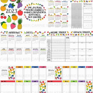 May include: A printable planner page with a fruit theme. The page includes a year at a glance calendar, important dates calendar, income tracker, growth tracker, and daily planner pages. The page is decorated with colorful fruit illustrations.