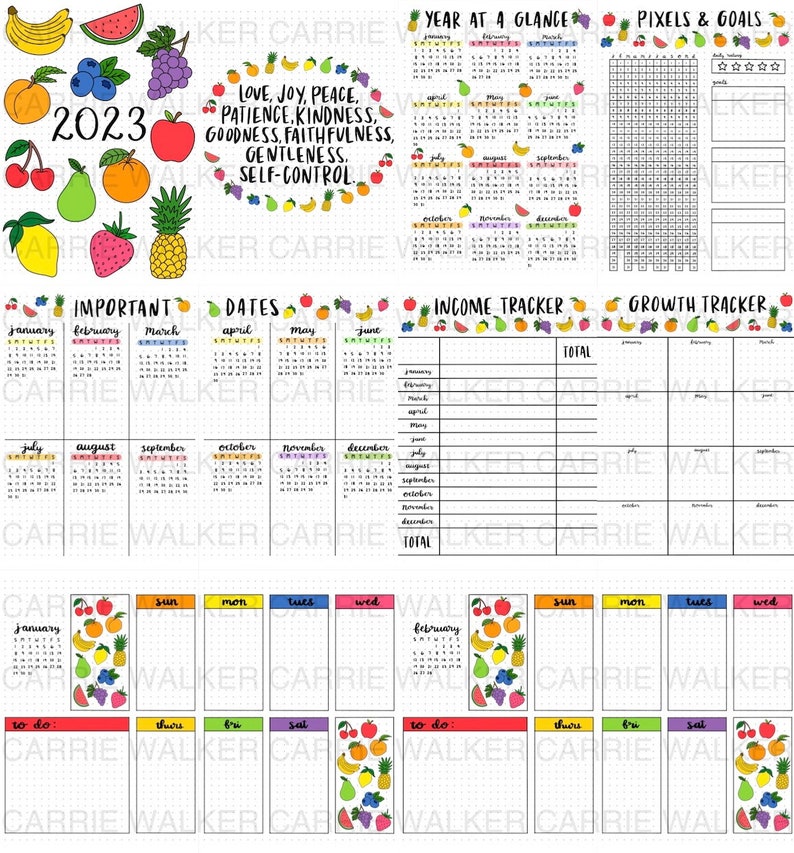 May include: A printable planner page with a fruit theme. The page includes a year at a glance calendar, important dates calendar, income tracker, growth tracker, and daily planner pages. The page is decorated with colorful fruit illustrations.