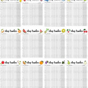 May include: A printable sleep tracker with eight different fruit designs. Each tracker has a section for the day, hours slept, and energy levels. The trackers are designed to help you track your sleep patterns and energy levels.