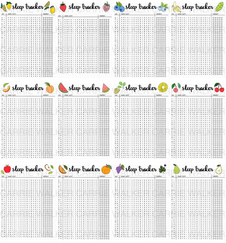 May include: A printable sleep tracker with eight different fruit designs. Each tracker has a section for the day, hours slept, and energy levels. The trackers are designed to help you track your sleep patterns and energy levels.