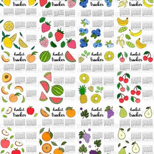 May include: A set of 12 printable habit trackers featuring colorful fruit illustrations. Each tracker has a grid of squares for marking daily habits. The fruits include lemons, strawberries, blueberries, bananas, peaches, watermelon, pineapples, cherries, apples, oranges, grapes, and pears.
