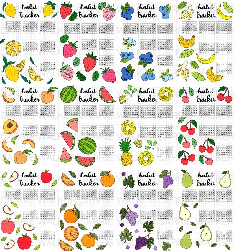 May include: A set of 12 printable habit trackers featuring colorful fruit illustrations. Each tracker has a grid of squares for marking daily habits. The fruits include lemons, strawberries, blueberries, bananas, peaches, watermelon, pineapples, cherries, apples, oranges, grapes, and pears.