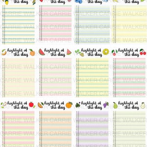 May include: Nine printable daily planner pages with a grid layout and a colorful fruit design. Each page has the text "highlight of the day" at the top and a different fruit design. The pages are designed for use with a bullet journal or planner.