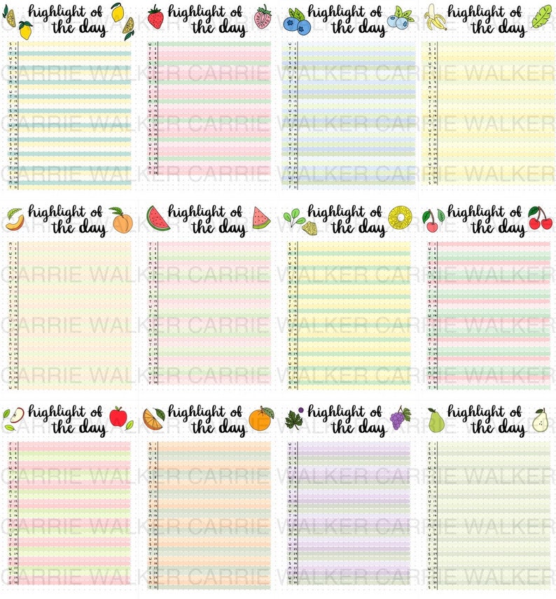 May include: Nine printable daily planner pages with a grid layout and a colorful fruit design. Each page has the text "highlight of the day" at the top and a different fruit design. The pages are designed for use with a bullet journal or planner.
