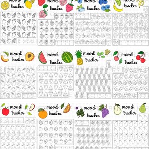 May include: A printable mood tracker with eight different fruit designs. Each design has a grid of 49 squares with a fruit image in each square. The fruits include lemons, strawberries, blueberries, bananas, peaches, watermelon slices, pineapples, and cherries.