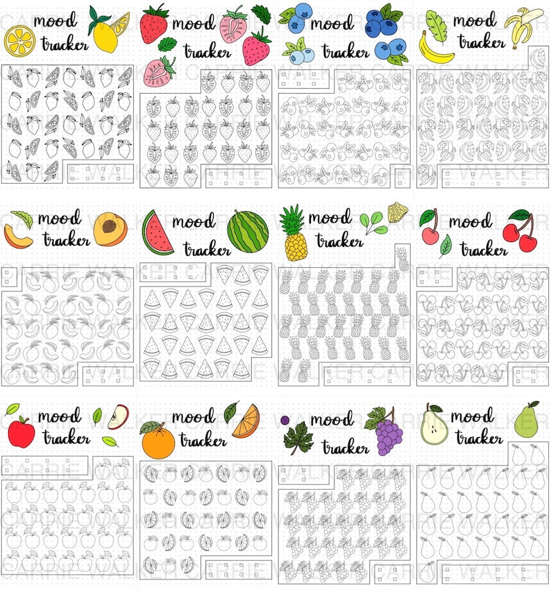 May include: A printable mood tracker with eight different fruit designs. Each design has a grid of 49 squares with a fruit image in each square. The fruits include lemons, strawberries, blueberries, bananas, peaches, watermelon slices, pineapples, and cherries.