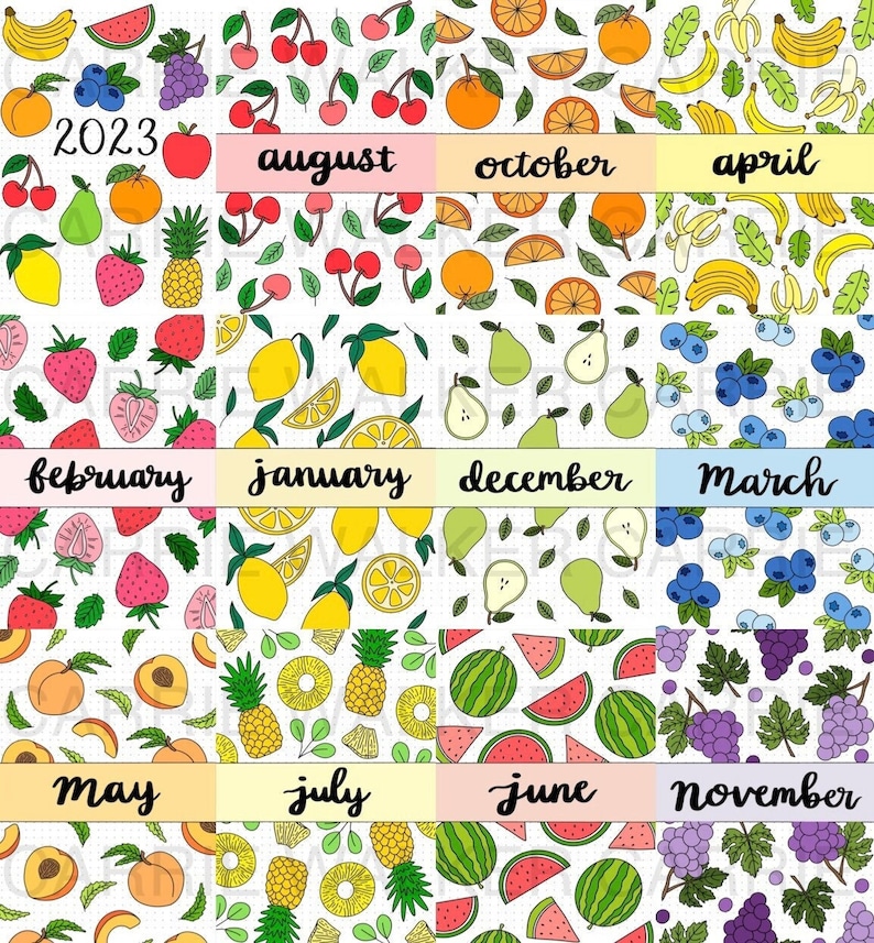 May include: A colorful digital planner with 12 monthly pages featuring different fruit patterns. Each month is labeled with the name of the month and the year 2023. The fruits include watermelon, cherries, oranges, bananas, strawberries, lemons, pears, blueberries, pineapples, peaches, and grapes.