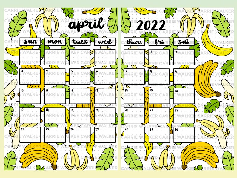 April 2022 Banana Themed Bullet Journal Spreads PDF Etsy
