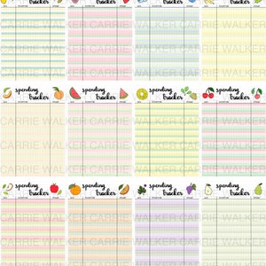 May include: Eight printable spending tracker pages with a summer fruit theme. Each page has a different fruit design and a light pastel color scheme. The pages are labeled "spending tracker" with the name "Carrie Walker" at the bottom.
