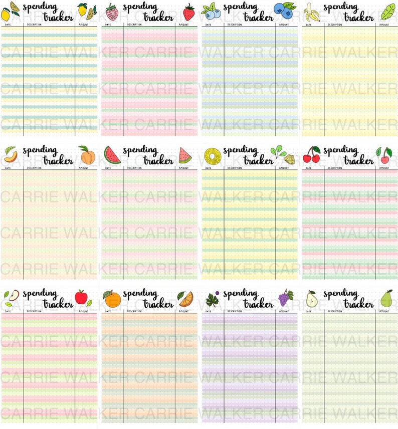 May include: Eight printable spending tracker pages with a summer fruit theme. Each page has a different fruit design and a light pastel color scheme. The pages are labeled "spending tracker" with the name "Carrie Walker" at the bottom.