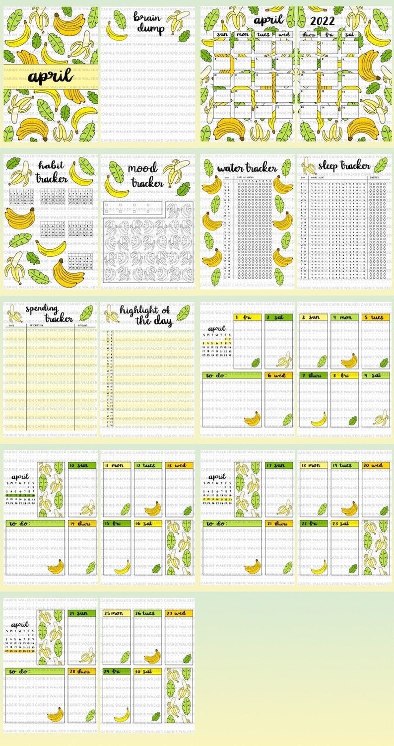 April 2022 Banana Themed Bullet Journal Spreads PDF Etsy