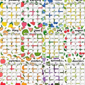 May include: A printable calendar featuring a different fruit design for each month of the year. The months are January, February, March, April, May, June, July, August, September, October, November, and December. Each month has a grid with the days of the week labeled as Sun, Mon, Tues, and Wed.