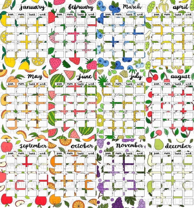 May include: A printable calendar featuring a different fruit design for each month of the year. The months are January, February, March, April, May, June, July, August, September, October, November, and December. Each month has a grid with the days of the week labeled as Sun, Mon, Tues, and Wed.