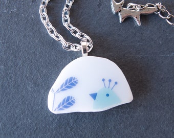 Wheat and Bird Repurposed Glass Pendant Necklace - Includes FREE gift bag