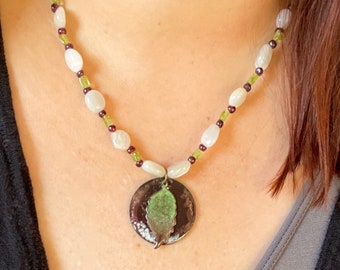 Green Leaf and Burgundy Circle Layered Enamel Pendant Moonstone, Garnet, and Peridot Bead Necklace - Includes FREE gift bag