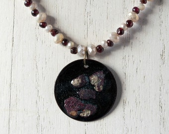 Copper Enamel Pendant and Garnet and Glass Bead Necklace - Includes FREE gift bag