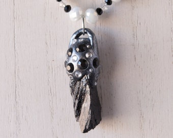 Raw Tektite and Clay Pendant Bead Necklace - Includes FREE gift bag
