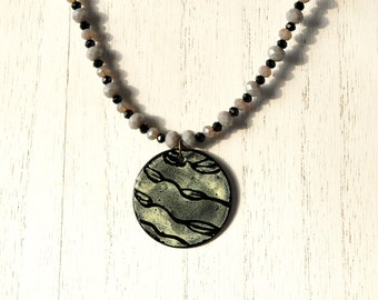 Black Etched Leaf Enamel Pendant Bead Necklace - Includes FREE gift bag