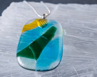 Yellow, Blue, and Green Multicolor Abstract "Field and Sky" Fused Glass Pendant Necklace - Includes FREE gift bag