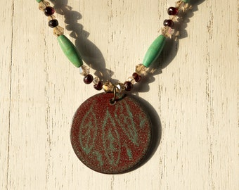 Red and Green Etched Leaf Enamel Pendant with Garnet and Magnesite Bead Necklace - Includes FREE gift bag