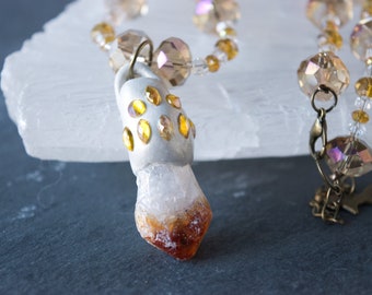 Natural Citrine and Clay Pendant Bead Necklace - Includes FREE gift bag