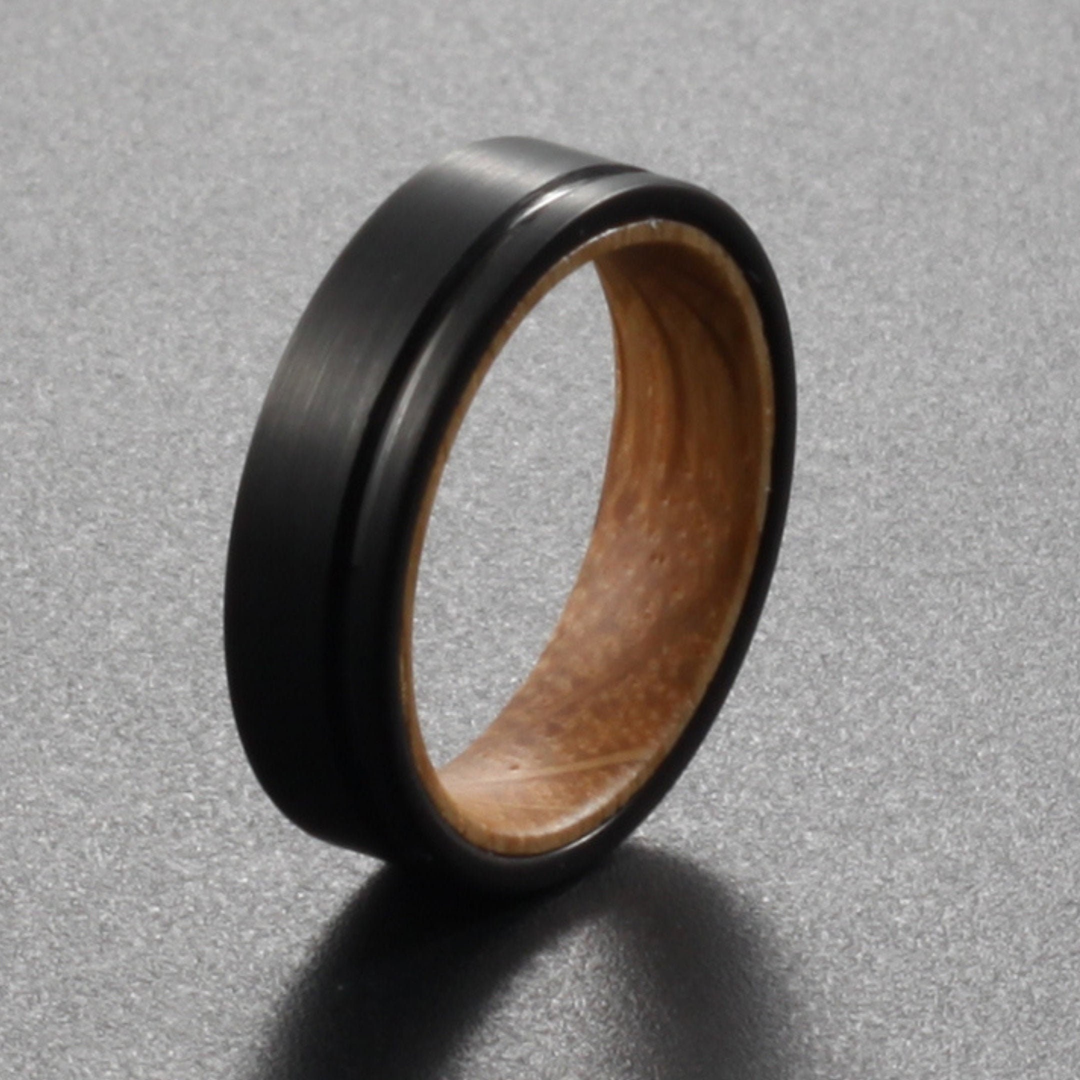 Black Tungsten Carbide Ring With Whiskey Barrel Wood Inlay Etsy
