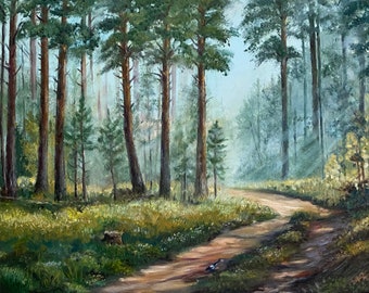 Landscape "Morning in the forest" Original Oil Painting