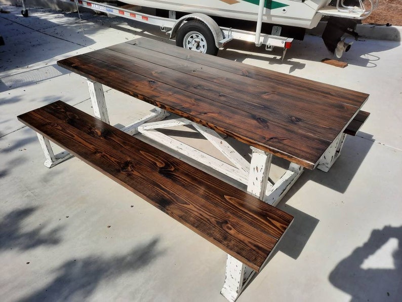 Handcrafted Farmhouse Style Xbrace Table With Benches Etsy