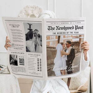 Può includere: Un giornale in bianco e nero con il titolo "The Newlywed Post" e una foto di una coppia davanti a un edificio. Il testo "Claire & James are getting married" è stampato sotto la foto.