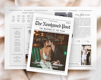 Canva Wedding Newspaper Template, Editable Newspaper Wedding Program, Printable Wedding Invitation, Wedding Day Custom Newspaper