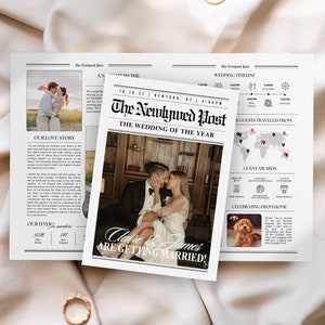 May include: A wedding announcement in the style of a newspaper, with a photo of the couple and the headline "The Newlywed Post: The Wedding of the Year". The announcement includes details about the couple's love story, their wedding day, and a map showing where guests traveled from.