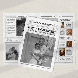 Plantilla de periódico para aniversario de pareja, regalos para el primer aniversario para el novio, tarjeta de aniversario de un año, boletín informativo de aniversario de bodas, 271