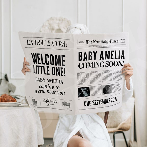 Large newspaper baby announcement, Canva newspaper pregnancy announcement, Pregnancy announcement newspaper, Newspaper baby shower, 073