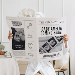 Large newspaper baby announcement, Canva newspaper pregnancy announcement, Pregnancy announcement newspaper, Newspaper baby shower, 073