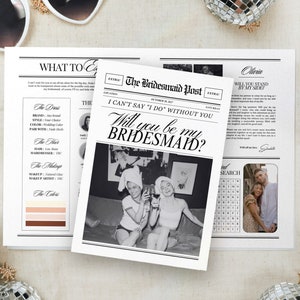 Canva Bridesmaid Proposal Newspaper Bouquet, Bridesmaid Newspaper Flower Wrap, Newspaper Bridesmaid Proposal Card template, 084