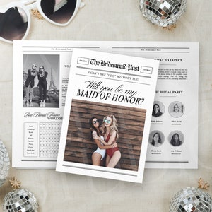 Canva ブライズメイド プロポーズ 新聞ブーケ、ブライズメイド 新聞フラワーラップ、新聞ブライズメイド プロポーズ カード テンプレート、084