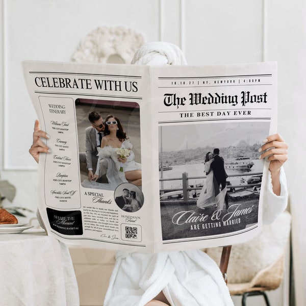 Grand journal programme de mariage, modèle de journal de mariage Canva, modèle tabloïd club de presse, grand journal plié le jour du mariage, 110