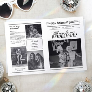Canva bruidsmeisje voorstel krant sjabloon, krant bruidsmeisje voorstel kaart, bruidsmeisje voorstel fotokaart, krant bloem, 085