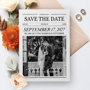 Canva Newspaper Save The Date, Wedding Save The Date Newspaper Template, Newspaper Club Tabloid, Wedding Invitation Newspaper, 092-2
