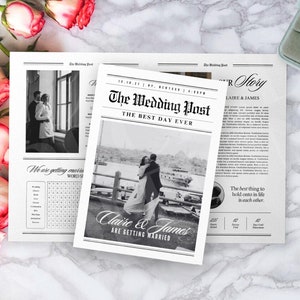 May include: A black and white wedding announcement in the style of a newspaper. The headline reads "The Wedding Post" and the subheading reads "The Best Day Ever". The announcement features a photo of a couple in front of a body of water and the text "Claire & James Are Getting Married".